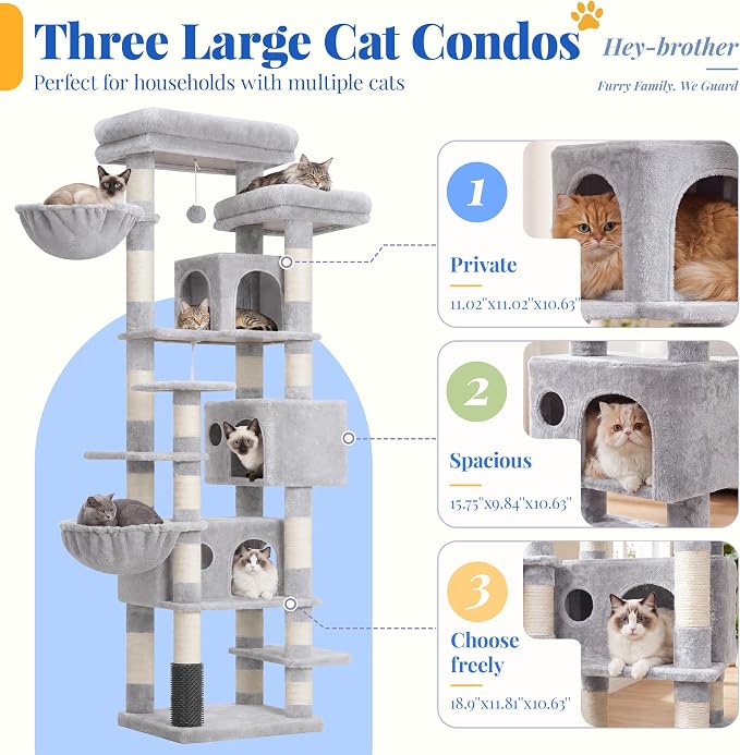 Hey-brother Cat Tree, Multi-Level Tower with 3 Condos, Hairbrush, MPJ035-MW | 74 Inches XL Large Scratching Posts for Indoor Cats and Kittens, 2 Wide Platforms, 2 Plush Baskets, Toy Balls, Light Gray - Image 3