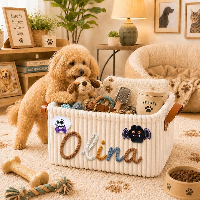 Personalized Pet Dog Cat Toy Storage Basket Bin with Embroidery Name & Icon | Custom Puppy Corduroy Storage Bins, Customized Dog Toy Box Organizer for Pet Supplies, Treats & Blankets, Pets Gifts Basket - Image 2