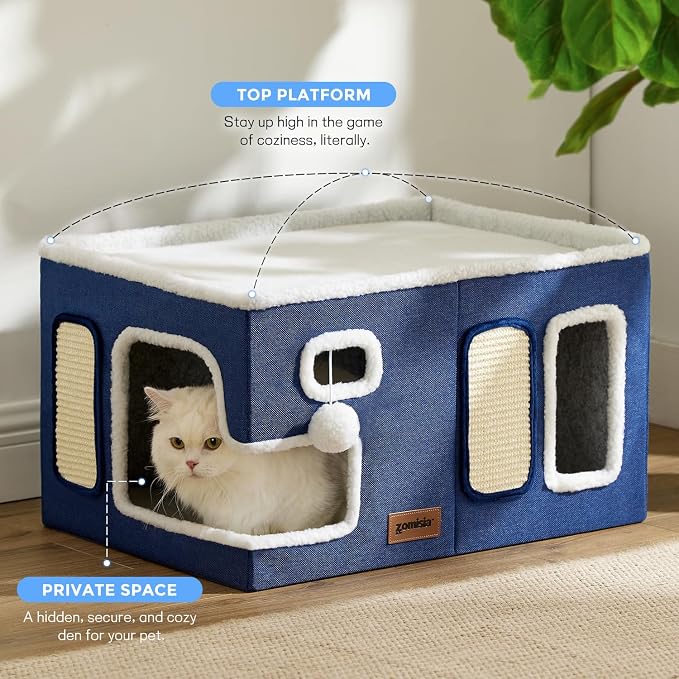 ZOMISIA Heated Cat House for Indoor Cats - Large Cat Warming Bed for Winter with Fluffy Ball Hanging and Adjustable Heating Pad, Foldable Cat Hideaway,23x16.5x13 inches, Grey - Image 6