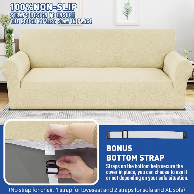 YEMYHOM Couch Cover Latest Jacquard Design High Stretch Sofa Covers for 2 Cushion Couch, Pet Dog Cat Proof Loveseat Slipcover Non Slip Elastic Furniture Protector (Medium, Begonia Leaf Beige) - Image 5