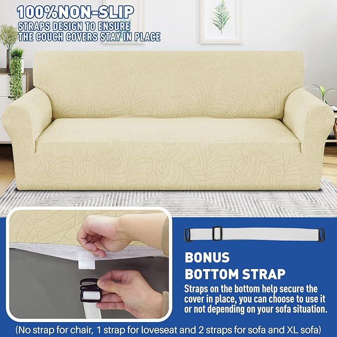 YEMYHOM Couch Cover Latest Jacquard Design High Stretch Extra Large Sofa Covers Pet Dog Cat Proof Oversized Slipcover Non Slip Magic Elastic Furniture Protector (X-Large, Begonia Leaf Beige) - Image 5