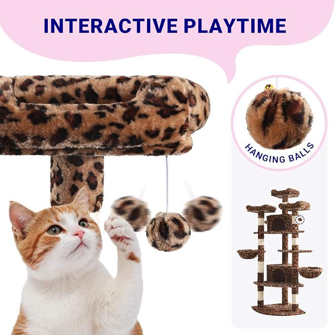 Allewie 73in Fan-Shaped Space-Saving Corner Cat Tower/Multi-Level Tall Cat Tree for Indoor Kitties/Cozy Baskets/Condos/House/Perches/Sisal Scratching Posts/Pet Activity Center/Leopard Print - Image 5