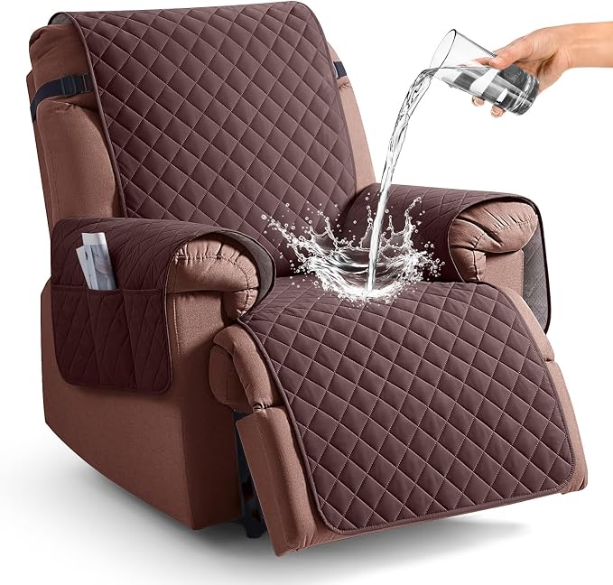 KinCam 100% Waterproof Recliner Chair Covers Washable, 25", Coffee | Anti Slip Reclining Couch Covers for Pets Dog, Recliner Sofa Slipcover Storage Pocket, Furniture Protector with Elastic Strap by KinCam