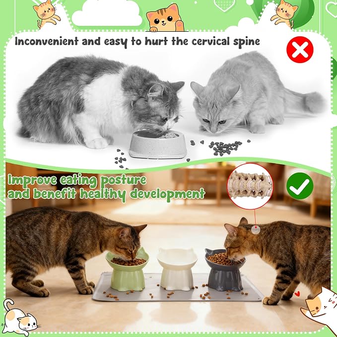 3 Pcs Elevated Cat Bowls 15°Raised Cat Food Bowl with Silicone Mat 3 Colors | Whisker Friendly Anti Vomiting Cats Dishes Pet Food and Water Bowls for Indoor Cats Kittens - Image 2