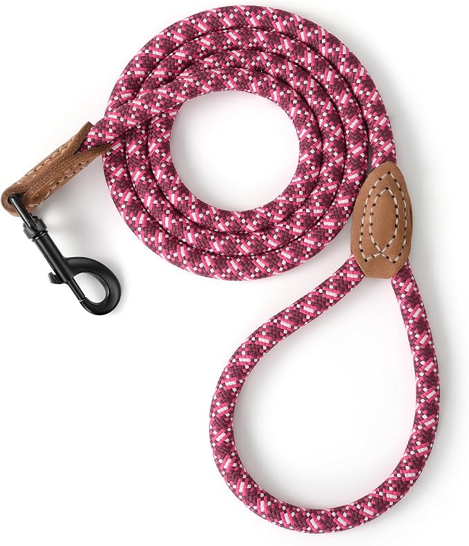 Mile High Life Dog Leash with Genuine Leather-Wrapped Ends, 4/5/6FT | Tangle-Free 360° Swivel Clasp Heavy Duty Rope Leash | Small Medium Large Dogs | Daily Walking (Pink White, 72 Inch, 1/2") by MileHighLife