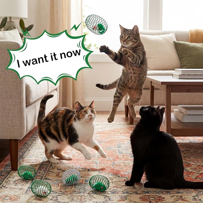 Jecery 5 Pcs Cat Toys Spring,Mouse,Green | Interactive Metal Cat Toy, Stretchable Rolling Ball, for Indoor Cats, Colorful Playful Coils, Kitten Pet Supplies - Image 7