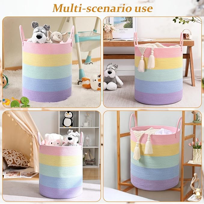 Laundry Hamper for Organizing, 52L Large Laundry Baskets, Cotton Rope Woven Blanket Basket, Collapsible Laundry Hamper for Living Room, Nursery, 15"×18", Light Rainbow - Image 9