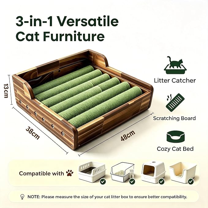 Cat Litter Box Step with Sisal Scratching Post Litter Catcher Mat (Green) | Multi-Purpose Wood Anti-Tracking Cat Scratcher Bed Litter Box Ramp, Fits Standard Cat Litter Boxes - Image 4