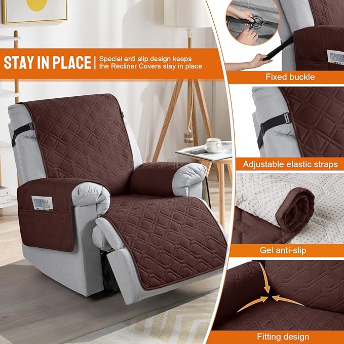 VANSOFY 100% Waterproof Recliner Chair Covers Washable, Coffee, 22" | Non-Slip, Slipcover with Pocket, Furniture Protector, Elastic Straps, Chair Cover for Pets, Dogs - Image 4