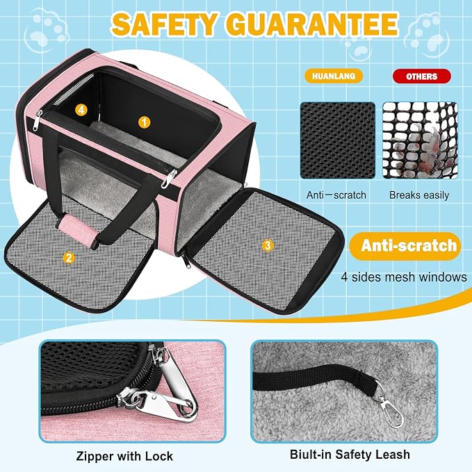 HUANLANG Large Cat Carrier Soft Sided Travel Pet Carrier Airline Approved | Dog Carriers for Small Dogs Medium Cats,Collapsible,3 Storage,zipper lock,Reflective strips,Luggage Strap, Up to 15 L,Pinkbs - Image 4