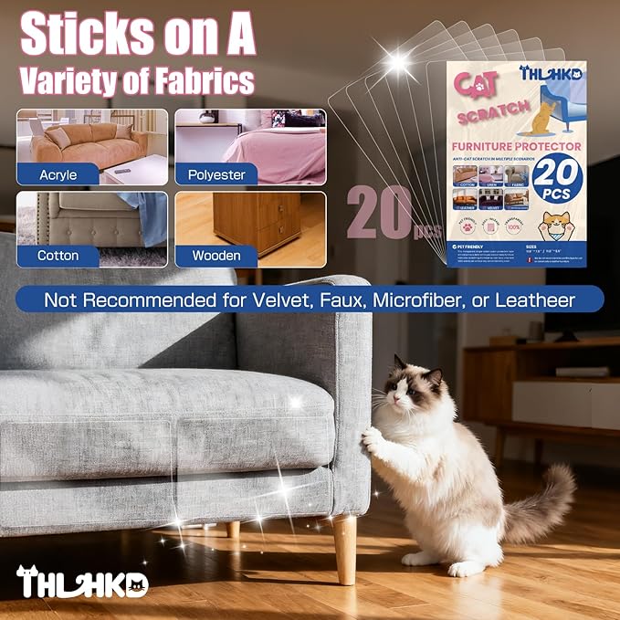 THLHKD 20PCS Cat Scratch Furniture Protector, Couch Protectors Tape from Cats Claws Scratching, Single Sided Clear Sticky Sheets Proof Clawing Sofa Corner Protection Cover Anti Scratch for Furniture - Image 2