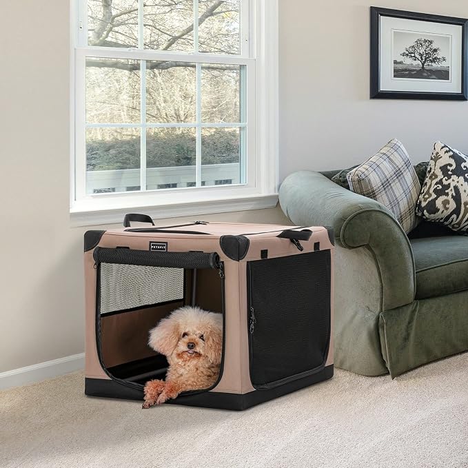 PETSFIT 26" Soft Portable Dog Crate – Patented Spiral Sturdy Frame, Collapsible Travel Kennel for Small Dogs, 3 Mesh Door, Lockable Zippers, Indoor & Car Use Khaki - Image 9