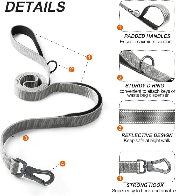 Twoear 5FT 1IN Heavy Duty Dog Leash for Large Dogs with 2 Padded Handles | Traffic Handle Extra Control, Auto Lock Hook, Strong Reflective Walking Leash for Night Safety, Medium and Large Breeds,Grey - Image 2