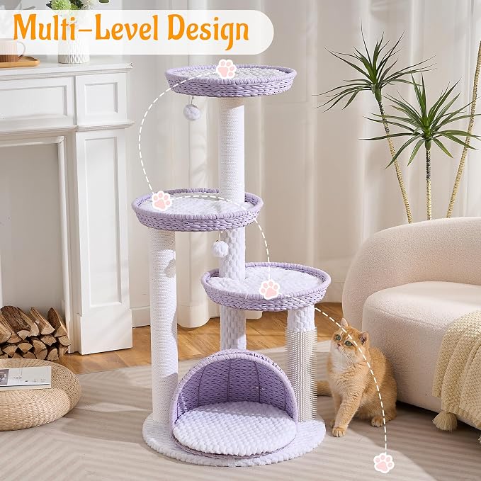 Modern Cat Tree Tower with Scratching Post, 46 Inches Tall Cat Towers with Woven Cat Nests and Cave, Multi-Level Cat Tree With Removable Cushions and Massage Brush for Indoor Cats Large Adult. - Image 2