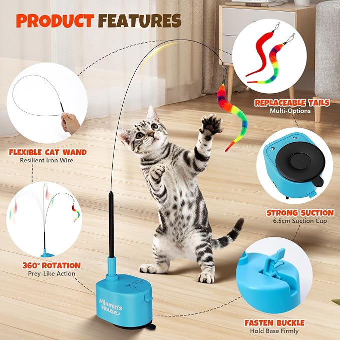 Interactive Cat Toys For Indoor Cats, 360° Flying Automatic Cat Toy, Blue | Rechargeable, Strong Suction Base, Self-Play & Handheld, Electric Spin Game Enrichment Toy, Long Kitty Wand for Bored Cats - Image 6