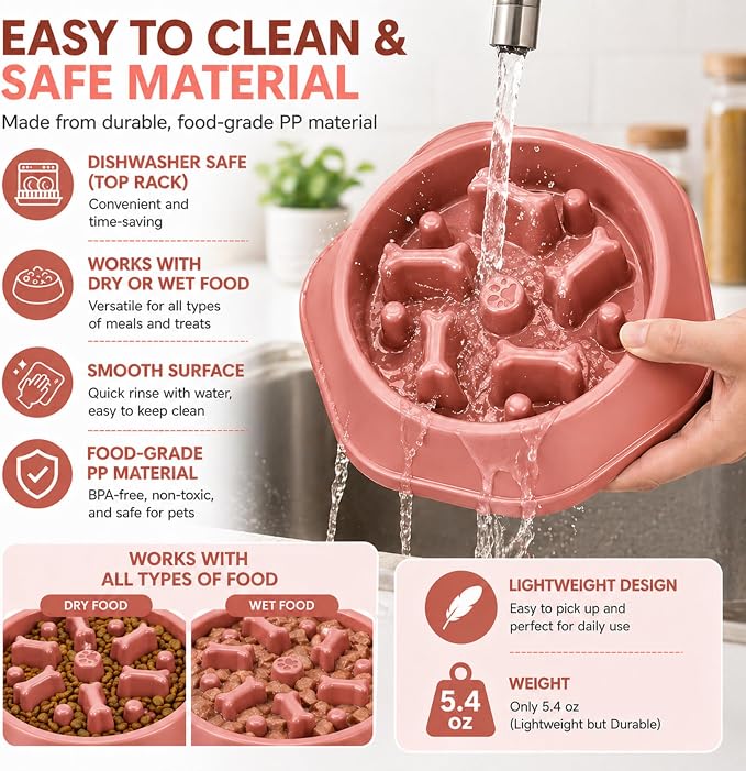 Slow Feeder Bowl for Small & Medium Cats & Dogs - Durable Slow Feeding Bowl with Non-Slip Base - Anti-Choking Puzzle Food Bowl for Dogs That Helps Mental Stimulation & Reduces Fast Eating-Pink - Image 7