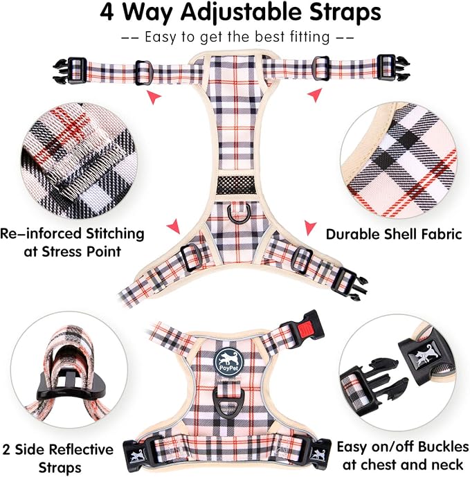 PoyPet Plaid Dog Harness Small, No Pull Vest with Front Clip & Neck Buckle | Padded Handle, Reflective, No Choke, Lockable, 2 Leash Rings, Full Adjustable, for Training Walking, S, Checkered Beige - Image 9