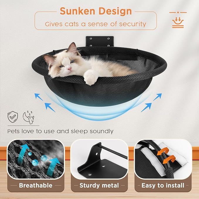 Cat Hammock Wall Mounted, Foldable & Stable Cat Beds- Breathable Cat Wall Shelves for Sleeping, Playing, Climbing, and Lounging - Maximum Hold Up to 30lb (Black) - Image 3