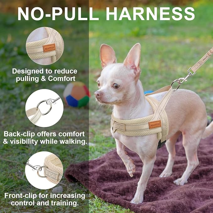 BEAUTYZOO Small Dog Harness and Leash Set, No Pull Step in Puppy Vest | Breathable Mesh with Handle, Reflective, Adjustable No Choke Escape Proof, Lightweight, Easy Control for Walking, Beige XXS - Image 4