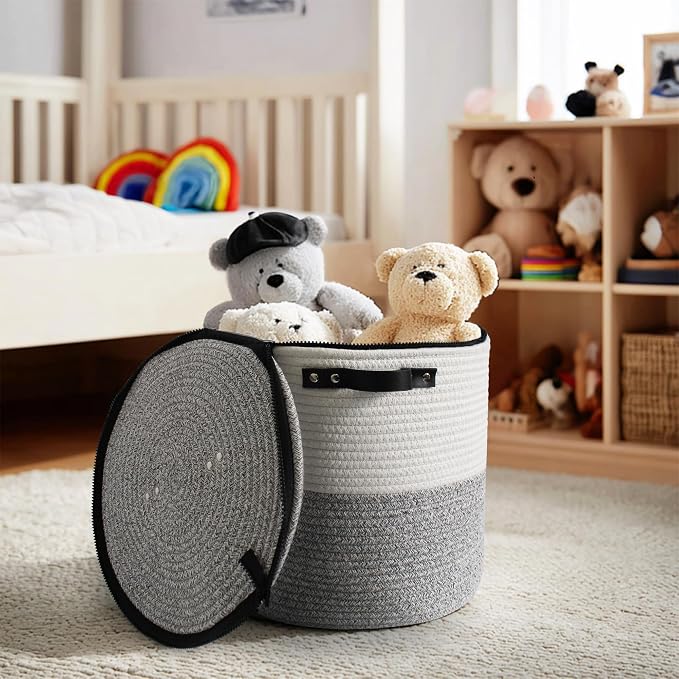 Storage Basket with Lid, 15"x13" Round Woven Blanket Storage for Living Room, Soft Cotton Rope Bin with Zipper Top, Shoe Basket with Lid for Entryway, Floor Kids Dog Toy Bin Box with Cover - Image 5