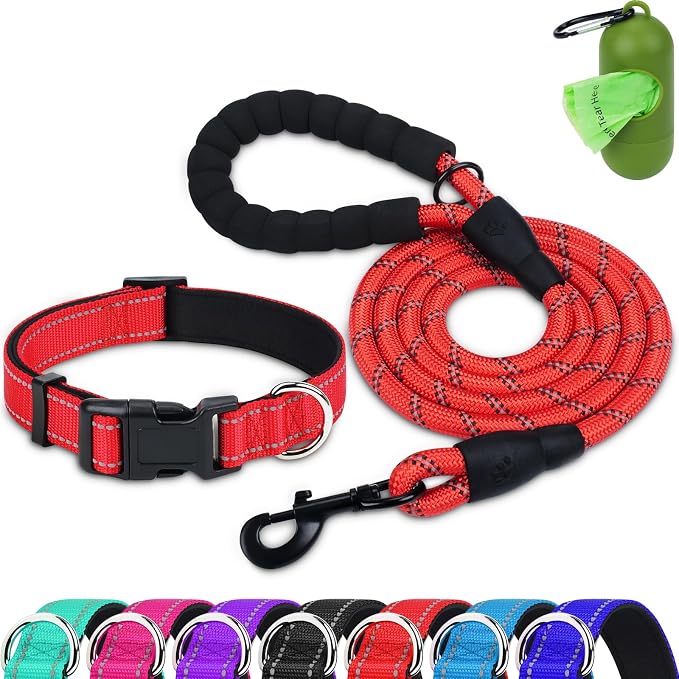 Dynmeow Reflective Dog Collar and Leash Set for Puppy Small Dogs, Red | Soft Neoprene Padded, 6FT Climbing Rope, Ideal for Daily Outdoor Walking or Indoor Wearing, Night Visible for Safety by Dynmeow