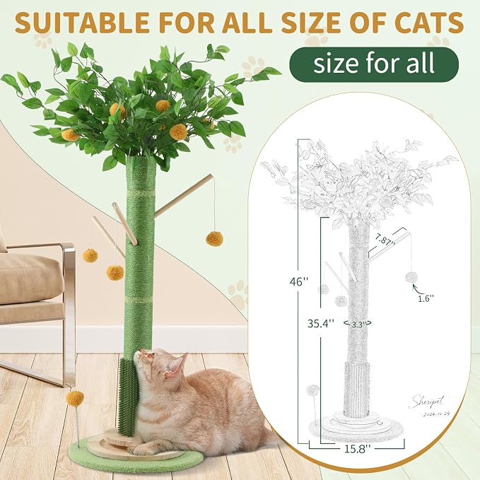 46" Tall Cat Scratching Post, Natural Sisal Cat Tree for Indoor Adult Cats | Vertical Cat Scratch Post for Body Stretching, Self-groomer Brush, Stable 3-layer Solid Wood Base, Interactive Ball Track Toy - Image 2