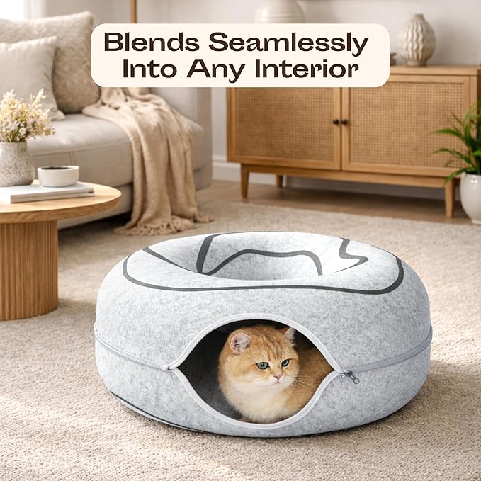 Peekaboo Cat Cave Donut - Cat Tunnel Bed for Indoor Cats – Cute Patterns Hideaway for Multiple & Large Cats, Scratch-Resistant (Light Gray) - Image 5