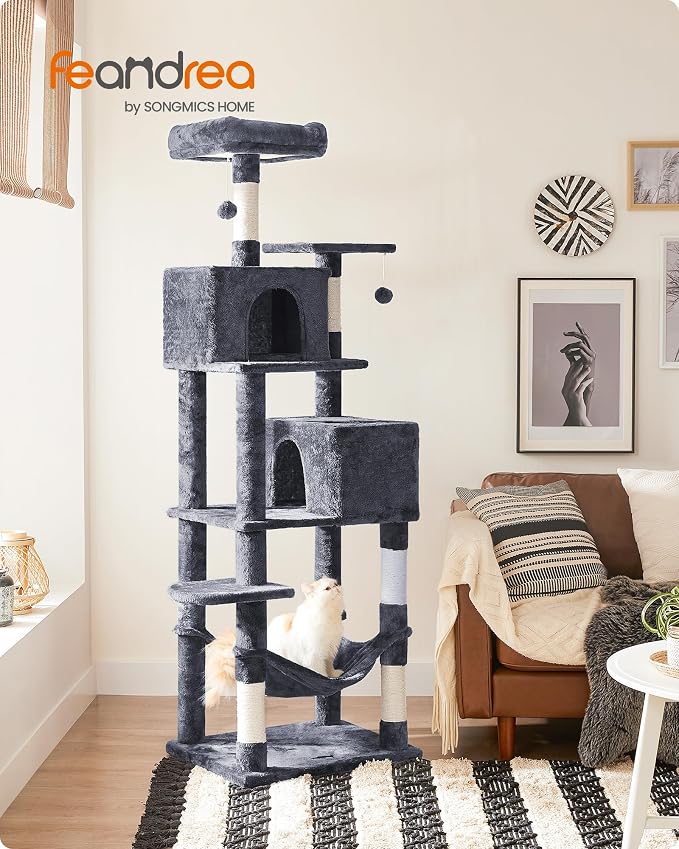 Feandrea Cat Tree, 73.2-Inch Tall Cat Tower, Plush Multi-Level Condo with 5 Scratching Posts, 2 Perches, 2 Caves, Hammock, 2 Pompoms, Smoky Gray UPCT191G01 - Image 3