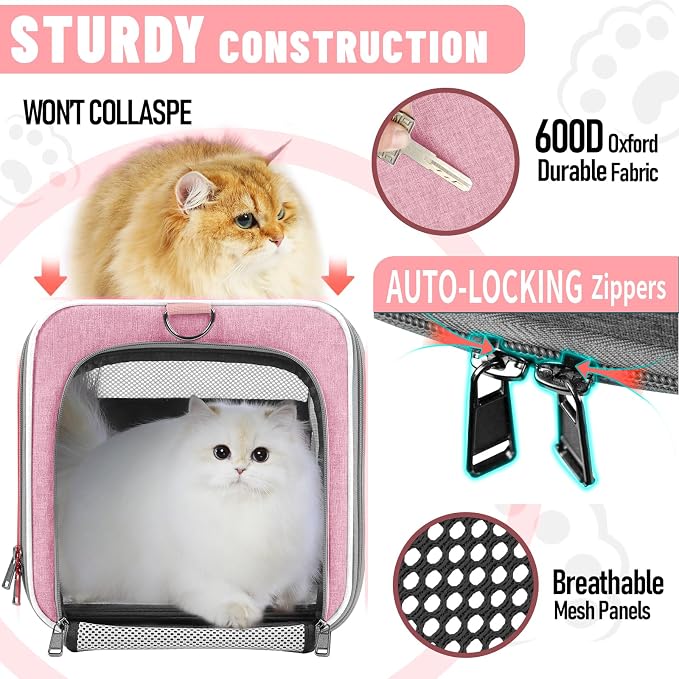GAPZER Large Cat Carrier Soft, Collapsible Travel Pet Carry Bag, Small Dogs | Big Kitten Cat 20lbs Mainecoon, Top Open Travel Shih-Tzu Pet Kennel, Yorkie Small Dog 10 Pounds, 18x12x12, Durable Cloth Pink - Image 6