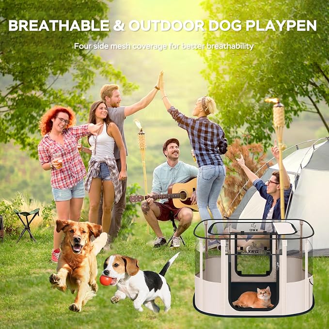 XRG Foldable Dog Playpen with pad，Indoor Cat Kennel L(35.4"x27.6"x23.6") | Portable Dog Crates with Upgrade Breathable Mesh，Sturdy Cat cage Indoor & Outdoor for Rabbit or Small Animals,Beige - Image 8
