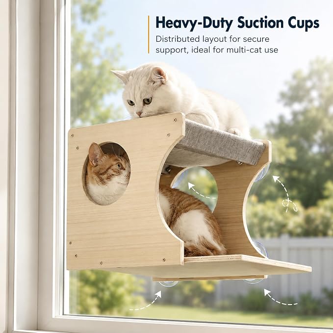 Cat Window Perch，2-Tier Hammock & Hideaway House with Strong Suction Cups | Right-opening, Drill-Free, Hold Up to 45 lb Support, For Small to Medium Cats, Let Cats Lounge, Climb and Watch Outside - Image 2