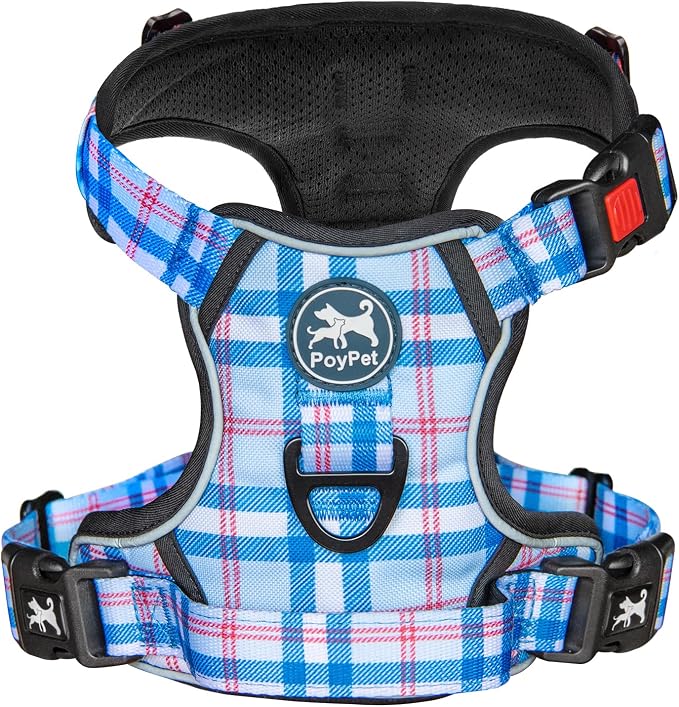 PoyPet Plaid Dog Harness Large, No Pull Vest with Front Clip & Neck Buckle | Padded Handle, Reflective, No Choke, Lockable, 2 Leash Rings, Full Adjustable, for Training Walking, L, Checkered Blue by PoyPet