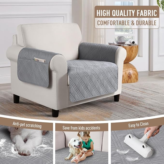 TAOCOCO Waterproof Chair Covers for Dogs, Non Slip Pet Couch Cover, Chair | Washable Chair Seat Covers for recliners with Arms, Dog Sofa Cover Protector, Pockets & Backless Design, Light Gray - Image 4
