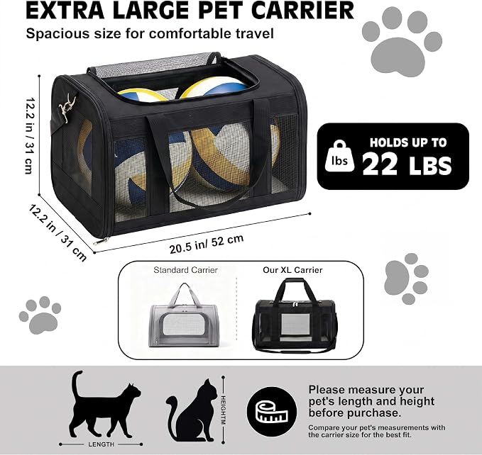 Extra-Large Cat Carrier, Soft-Sided Collapsible Pet Carrier up to 22 lbs | Dog Carrier with Breathable Mesh, Spacious Interior for Big/Medium Cats and Small Dogs, Car Travel Vet Visit - Image 2