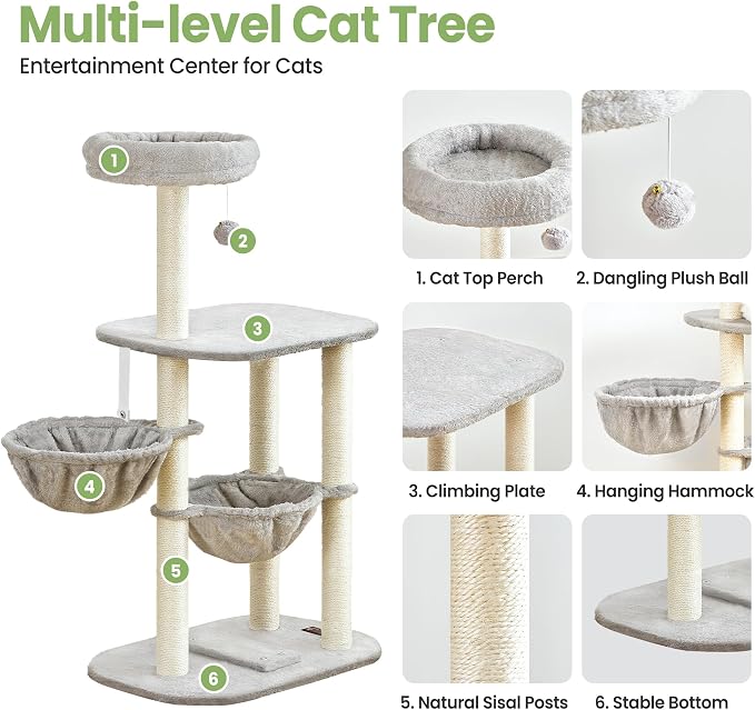 Small Cat Tree Tower with Lots of Scratching Posts - 42 Inch Medium Compact Cats Scratch House with Hammock Perch for Multi Level 2 Kitty - Indoor Corner Cat Bed Condo Climbing Gym Towers Furniture - Image 2