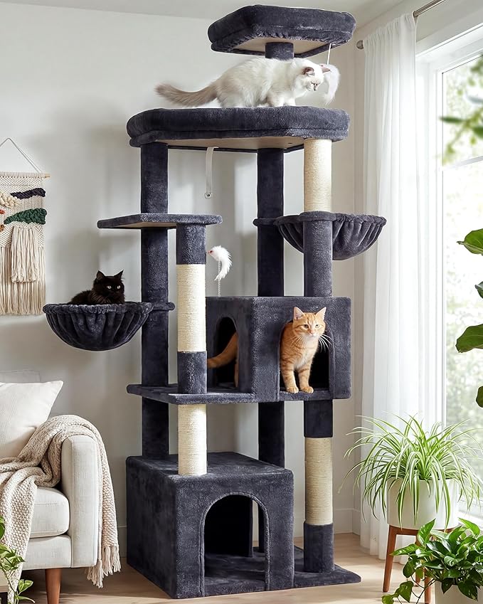 Globlazer Sturdy Cat Tree for Indoor Cats 20 lbs, S68, Dark Grey | 68-inch Large Cat Tower for Adult Big Cats, Heavy Duty Cat Tree with Extra Large Platform, 5 Scratching Post by Globlazer