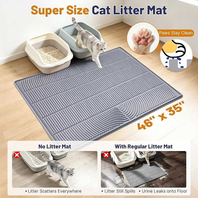 Cat Litter Mat, XL 46x35in Waterproof Silicone Litter Box Mat, Grey | XXL Cat Mat Fits 2-4 Litter Boxes, Litter Trapping Mat with Raised Edges & Textured Surface, Non-Slip Bottom, Easy Clean - Image 2
