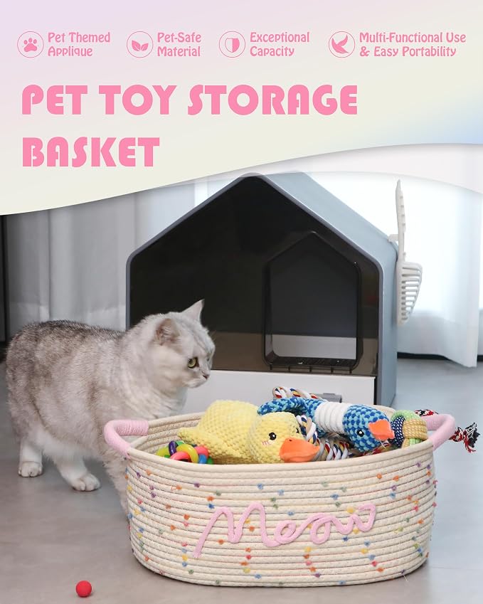 Sea Team Cat Toy Storage Basket with Handles, Rainbow Meow | Large Cotton Rope Storage Bin, Shelf Basket, Organizer for Pet Chew Toys, Foods, 16.5 x 11 x 7 Inches, 4.4 Gallons - Image 3