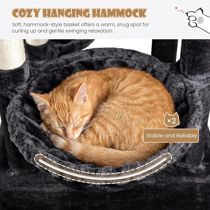 Sha Cerlin 87 in Multi-Level Tall Cat Tree Tower for Large Cats/Extra Wide Feline Activity Center/Sisal Scratching Posts/Wide Base/Cozy Plush Perches/Baskets/Hammocks/Toy Balls/Dark Grey - Image 5