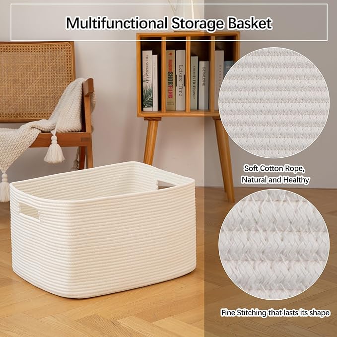 OIAHOMY XXLarge Rectangle Blanket Basket-96L, Cotton Woven Basket for Storage, Dirty Clothes Basket for Living Room, Nursery, Bedroom, Toy Organizing with Handle, 24" x 16" x 15", White - Image 5