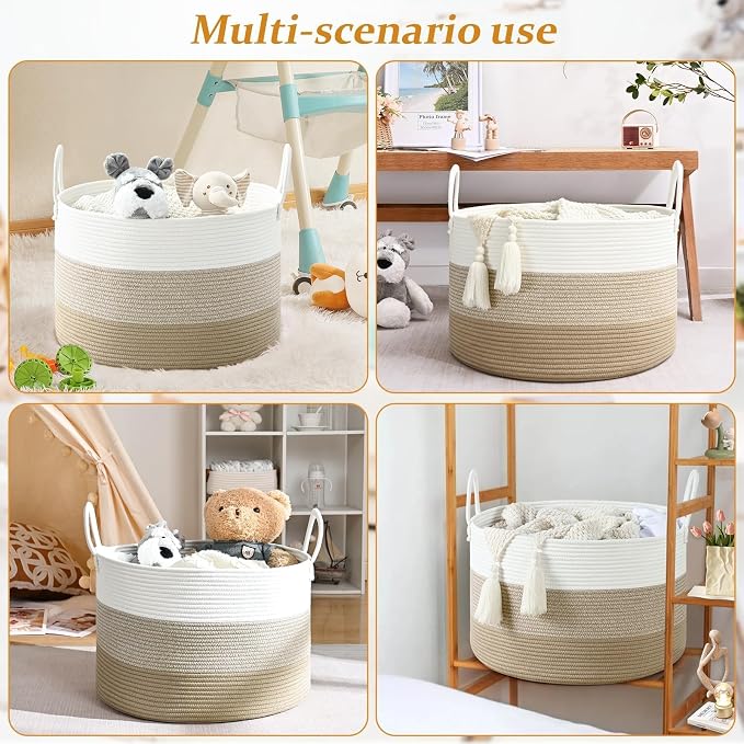 67L Large Woven Blanket Basket, Cotton Rope Baby Laundry Hamper with Handles, Kids Toy Basket for Classroom & Nursery, Soft Round Stuffed Animal Storage, Dog Toy Bin - 20"x13", Gradient Brown - Image 7