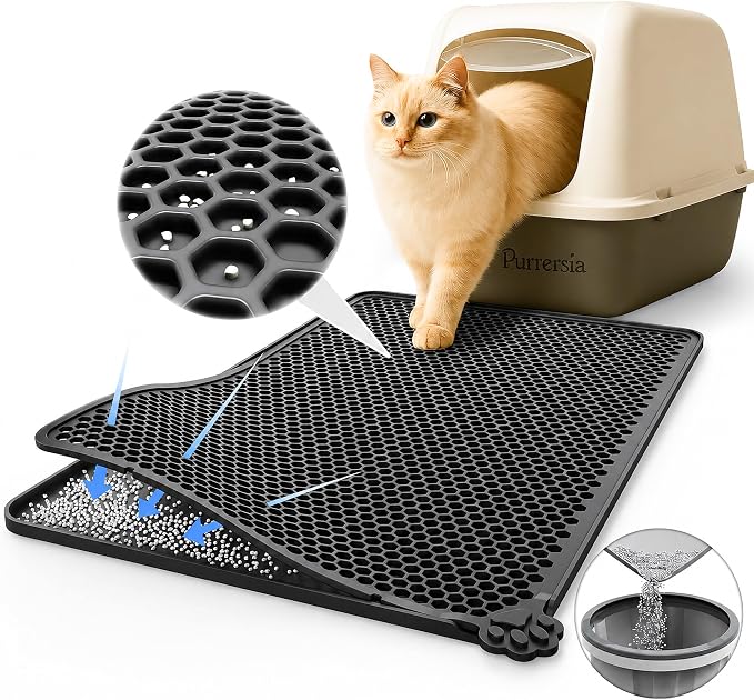 Silicone Cat Litter Mat 24x15" Double Layer Honeycomb Non-Slip | Food-Grade, Machine Washable, Anti-Crease, Claw-Proof, Raised Edges, 24 x 15‘’ Fits Standard Box, Soft on Paws by Purrersia-Purr%E2%80%A2Care%E2%80%A2Sustainability