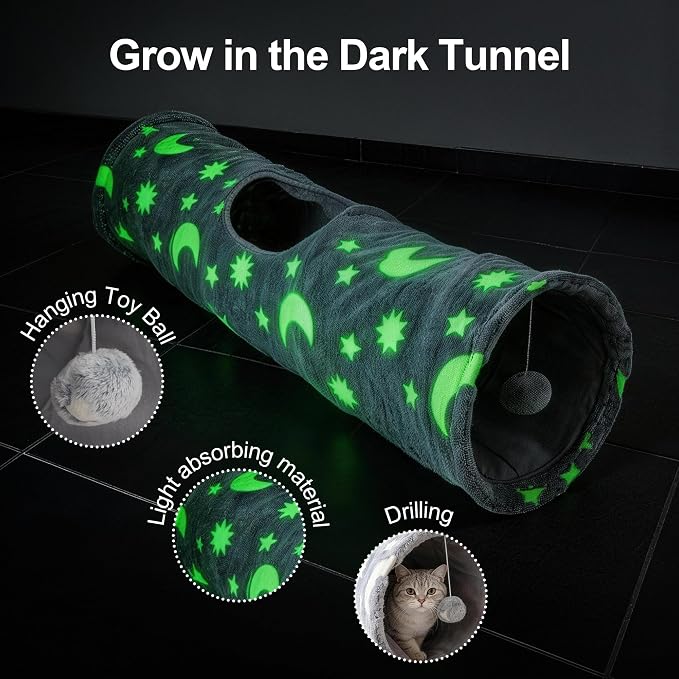 PAWISE Cat Tunnel for Indoor Cats, Glow in Dark Cat Tunnels with Pop-Up, 3-Way Collapsible Cat Play Tunnel Toy for Cats Kittens Rabbits, with Hanging Ball & Bell - Image 3