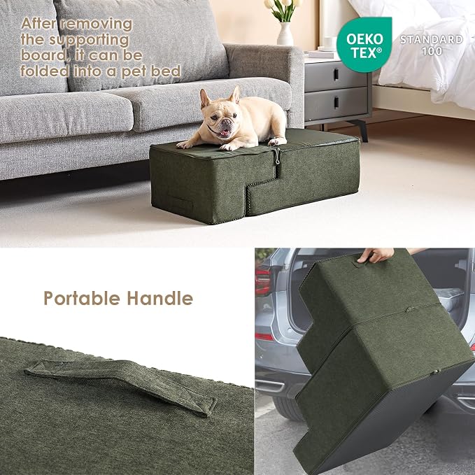 EHEYCIGA Dog Stairs for Bed 18" H, 4-Step Extra Wide Dog Steps for High Bed, Pet Steps for Small Dogs and Cats, Non-Slip Balanced Pet Ramp Indoor, Military Green - Image 4