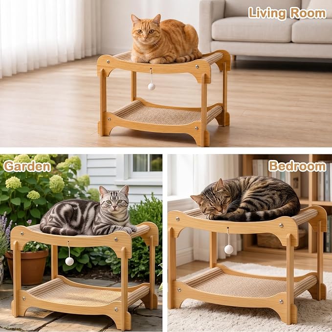 Two-Tier Sisal Cat Scratcher Bed, Solid Cats Scratching Post Hammock Lounge for Indoor Cats, Comfortable Cat Bed Natural Sisal Scratch Pad for Cats Scratcher Lounge, Sturdy Wooden Cat Furniture - Image 6