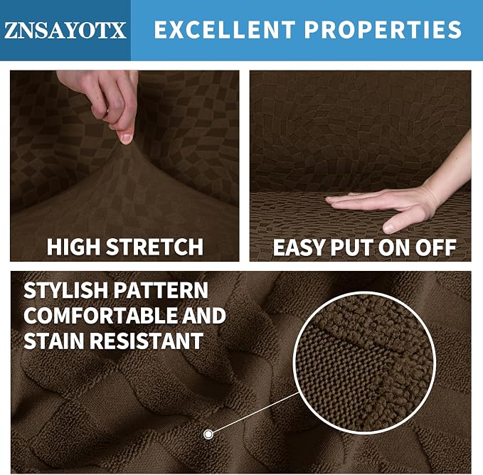 ZNSAYOTX 1 Piece Stretch Sofa Covers for 3 Cushion Couch (72"-90"), New Plaid Couch Cover with Non-Slip Buckle for Dog Pets, Ultimate Soft Cozy Washable Sofa Slipcover Form Fit Protector, Coffee - Image 3