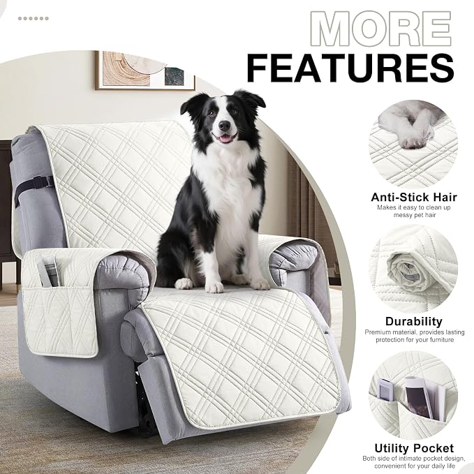 TAOCOCO 100% Waterproof Recliner Chair Cover, Non Slip Recliner Covers for Recliner Chair with Pocket, Washable Reclining Chair Cover Furniture Protector for Kids,Dogs(23.6'', Ivory) - Image 5