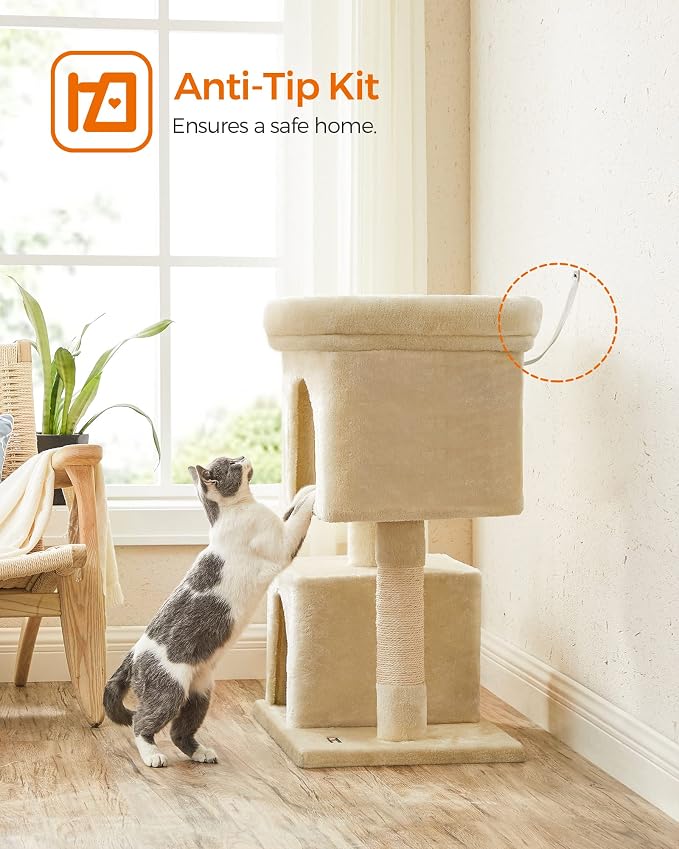 Feandrea Cat Tree, 33.1-Inch Cat Tower, Plush Condo for Large Cats up to 16 lb, Large Perch, 2 Caves, Scratching Post, Beige UPCT61M - Image 9