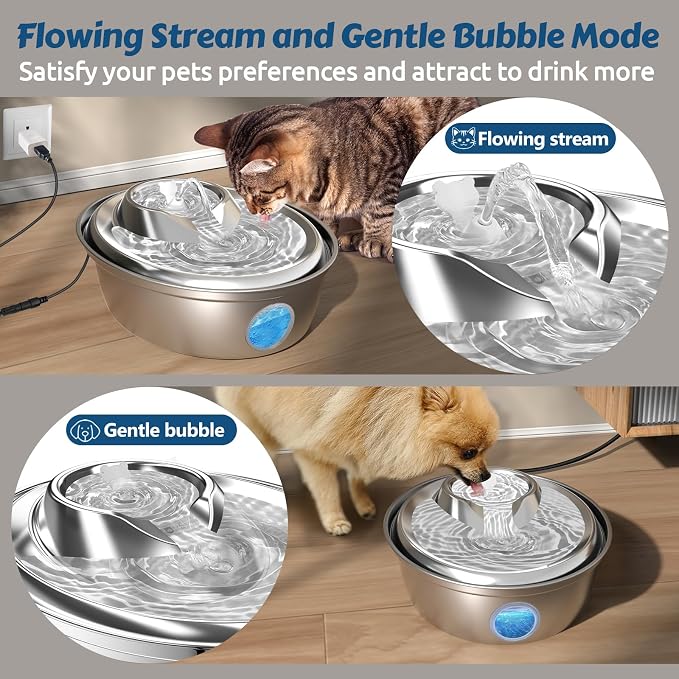 ORSDA Cat Water Fountain Stainless Steel, Automatic Pet Water Fountain, 67oz/2L Drinking Fountain Dog Water Dispenser with Water Level Window for Cats and Small Dogs- 3 Filters +1 Pump Sponges (D36) - Image 3
