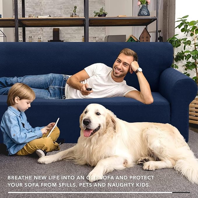 XINEAGE Stretch Jacquard Loveseat Cover, Non Slip Sofa Slipcover for Dog | High-Stretch Fabric. Wear-Resistant, Pet Friendly. Easy Install & Washable for Living Rooms, Offices.Navy Blue - Image 4